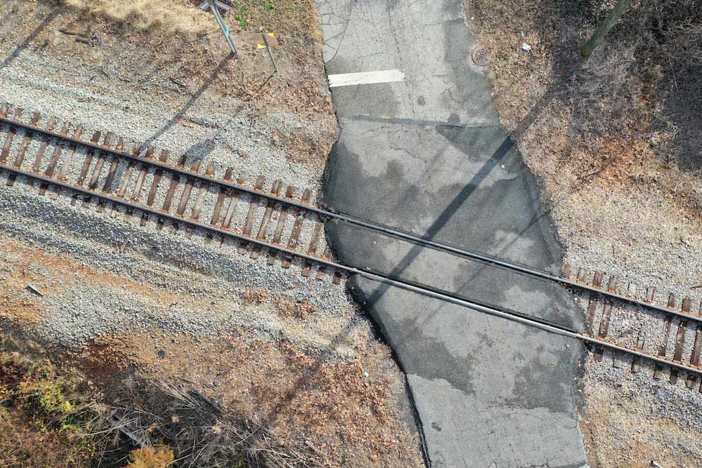 Aerial view of railroad crossing