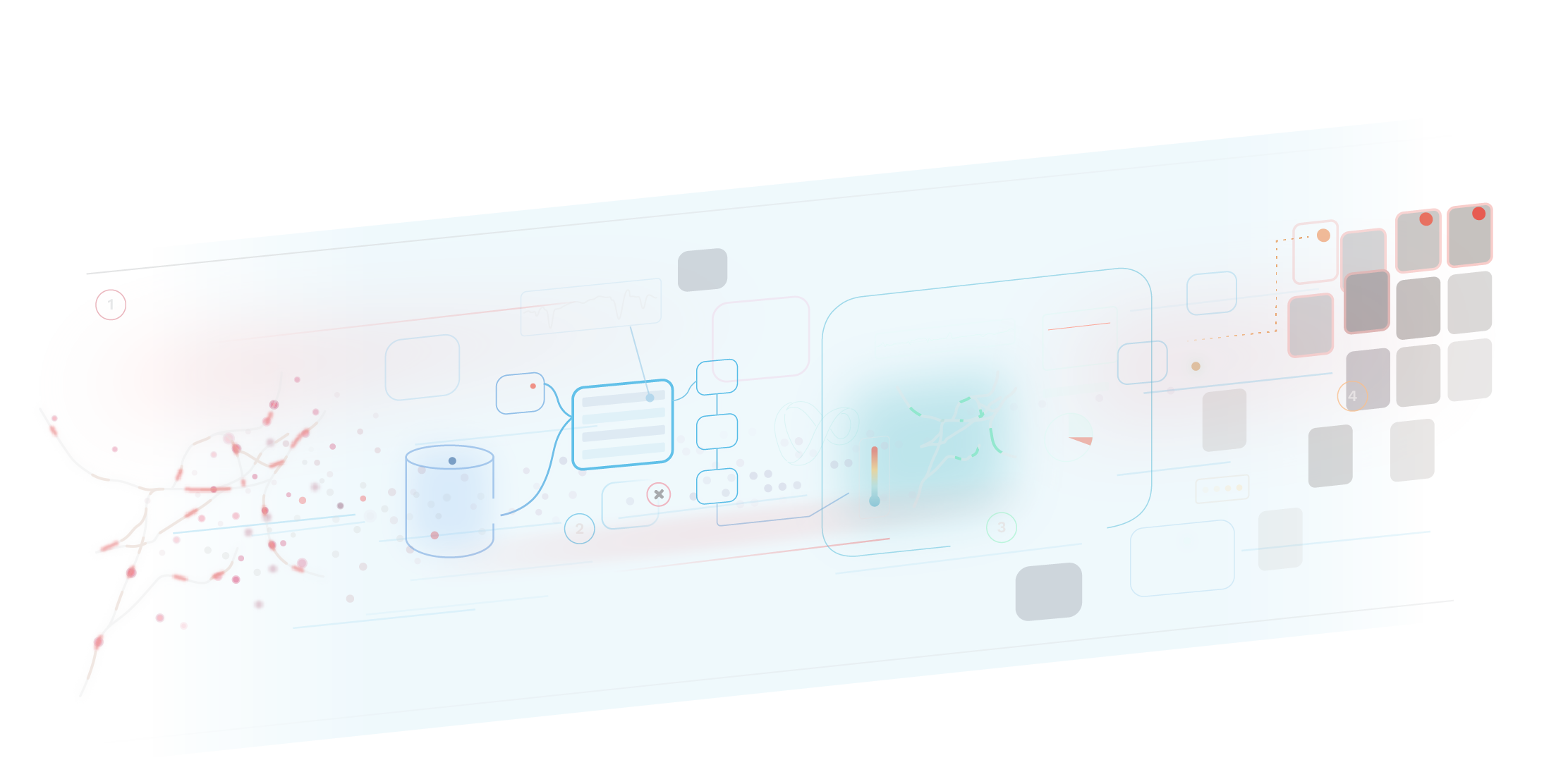 Colorful line graphic with a dark background, showing data (represented by dots) moving from a map of the network on the left, through various containers and widgets, to prioritized cards on the right