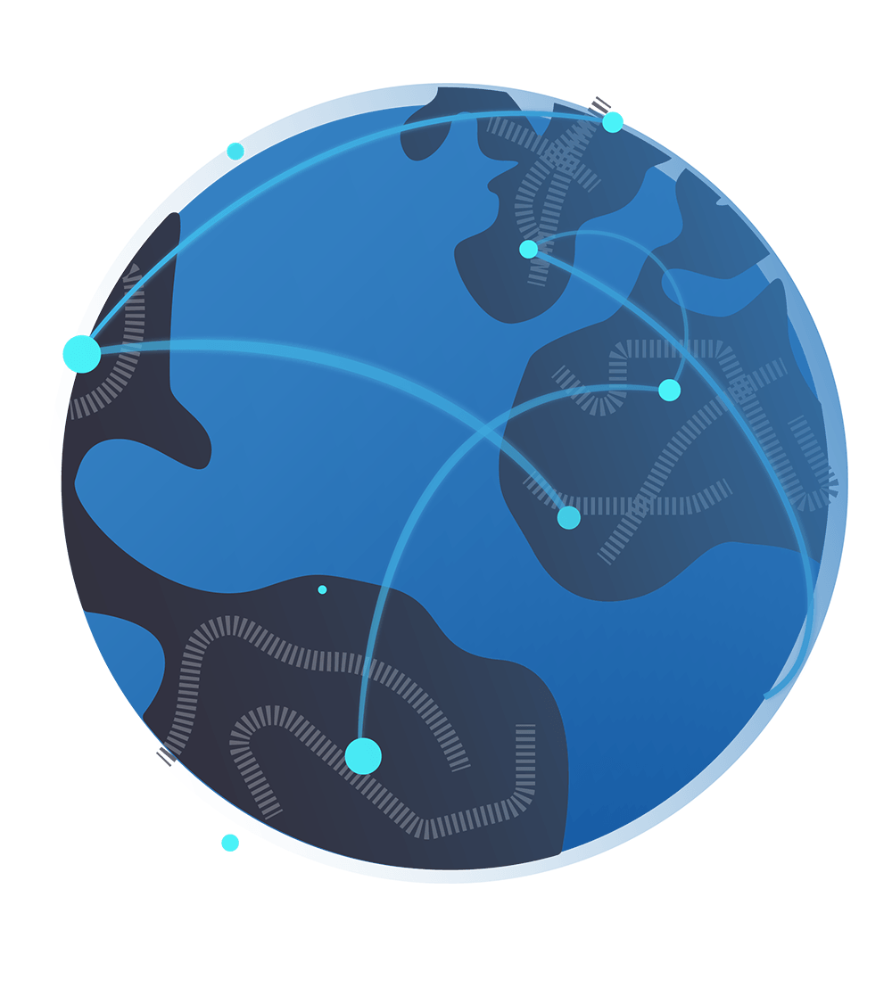 Illustration of a globe with railroad tracks and arcs connecting data points