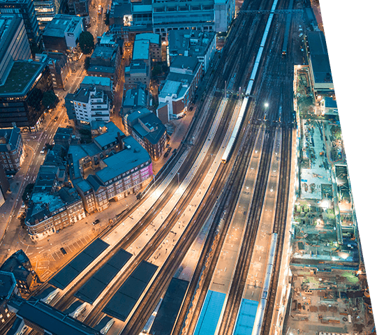 Aerial view of train station at night